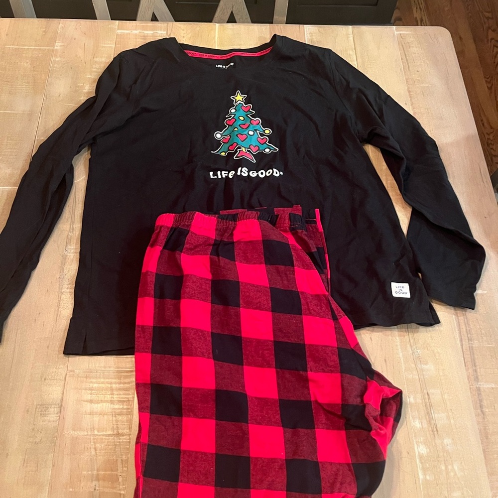 Life is Good Black Christmas Tree Pajama Set with Red Buffalo Plaid Pants